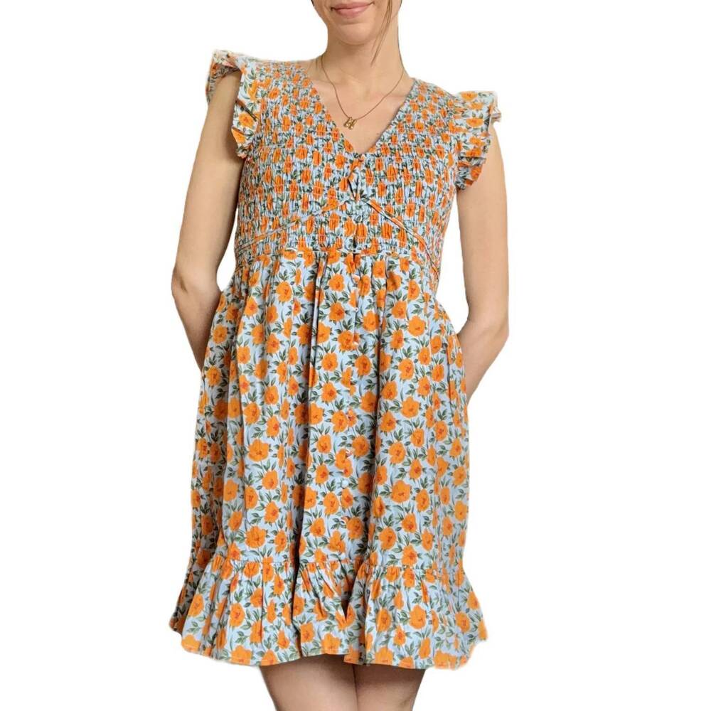 NEW WISHLIST women's floral ruffle sleeve mini dress in blue